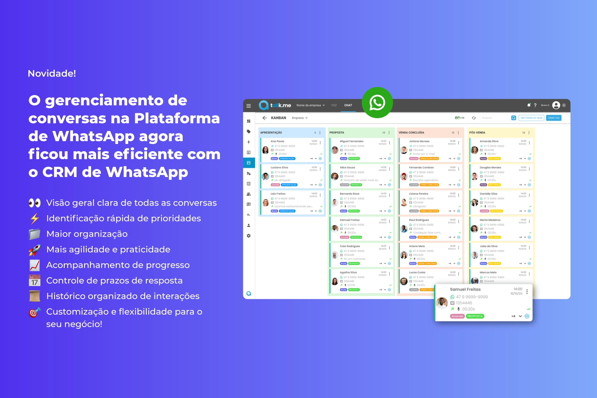 Interface da plataforma Tallk.me exibindo um CRM visual de WhatsApp em formato kanban, com colunas de atendimento organizadas por etapas como apresentação, proposta, venda concluída e pós-venda. Ao lado, há uma lista de benefícios como agilidade, controle de prazos e personalização para negócios.